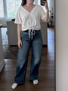 Zara White V-Neck Drawstring Short Sleeve Blouse